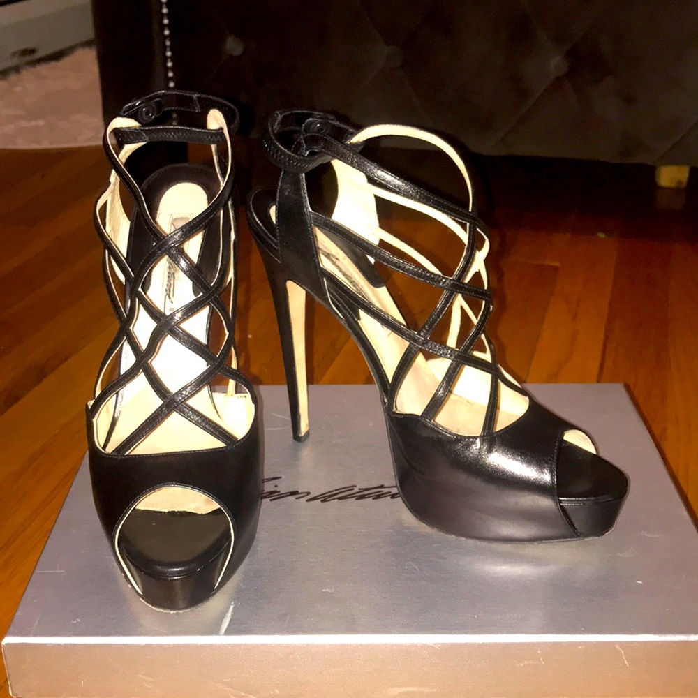 Brian Atwood black leather caged heels size 39